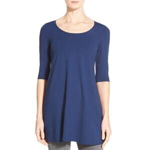 Eileen Fisher Linen Tunic Top Womens M Blue Scoop Neck Elbow Sleeve Lagenlook